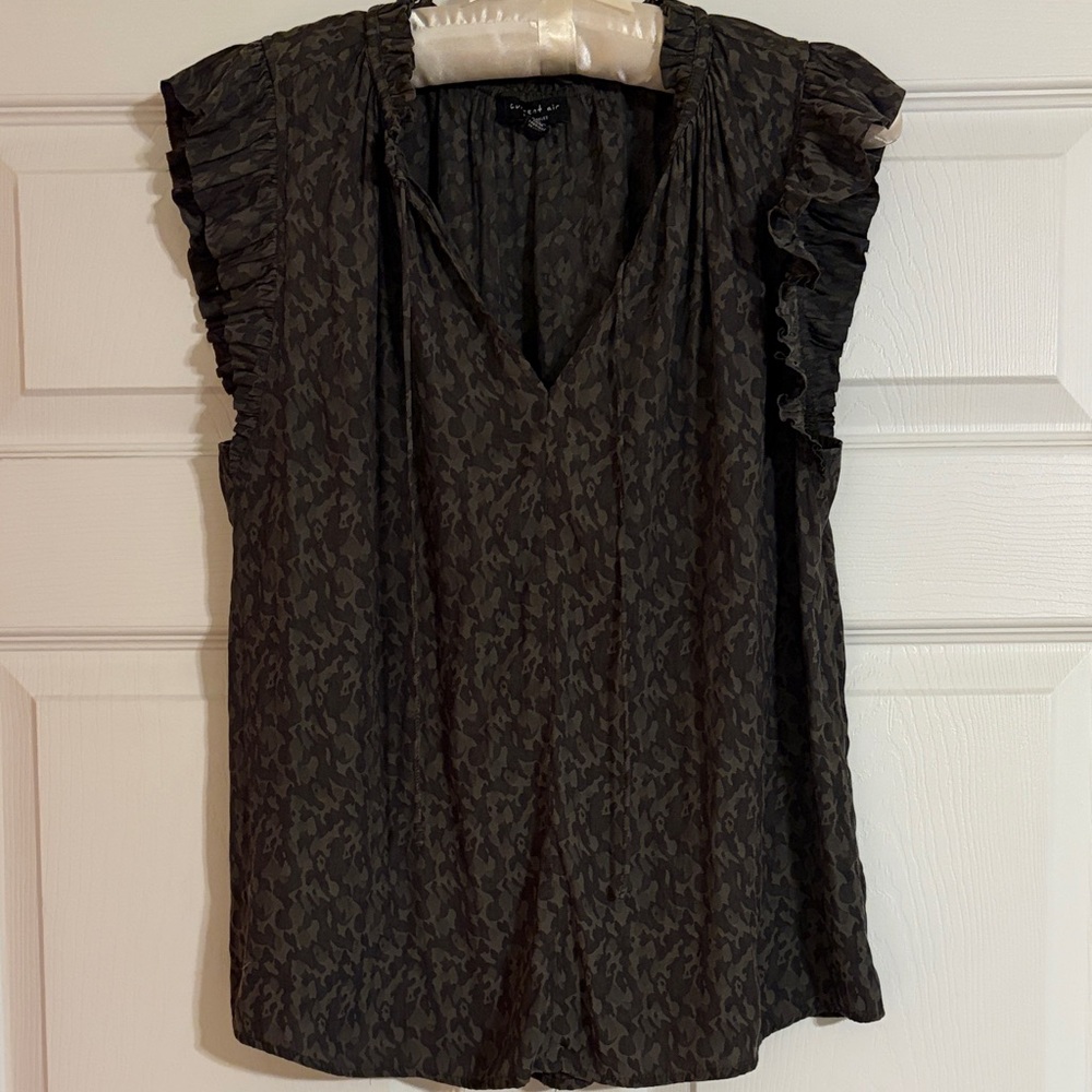 Anthropologie Current Air Dark Olive Ruffle Sleeve V-Neck Blouse